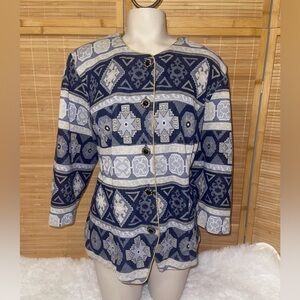 Vintage Tina Barrie mid sleeve blue Aztec button up top blazer jacket gold trim